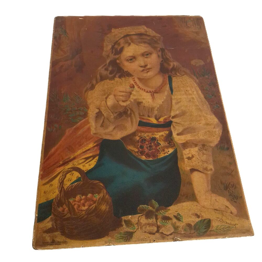 Antique Pierre Coninck Strawberry Girl Print 14x20 Victorian Art Paper Craft